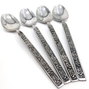 Nasco Castellano Stainless Tea Spoons Set of 4 Vintage Floral Rose Korea 7.5"